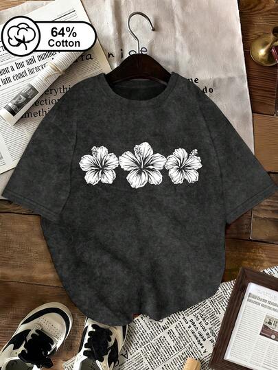 Women's Casual Everyday Plus Size T-Shirt, Hibiscus Print, Retro Snowflake Wash Finish, Suitable For Outdoor Wear, Summer Clothing, Women's Patterned Print. Black