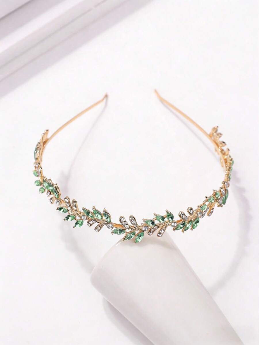 1pc Women's Fashion Princess Crown, Sweet Crystal Birthday Hair Accessory, Retro Crystal Tiara, Bridal Aluminum Alloy Headpiece, Delicate Minimalist French Leaf Headband - Mint Green - View 1