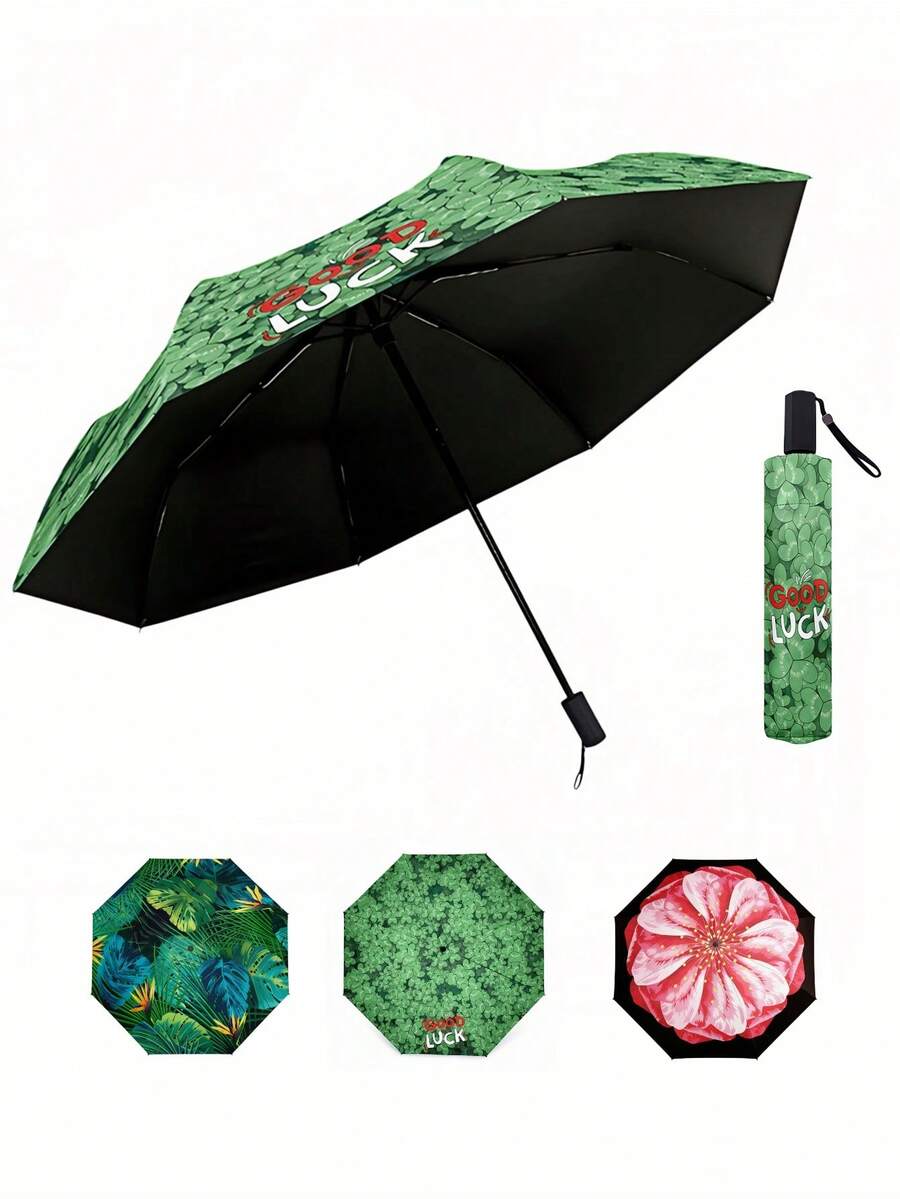 幸运四叶草便携式折叠伞,旅行必备,轻便黑色涂层防紫外线,花卉图案,母亲节礼物,户外遮阳伞,适用于学校、海滩、露营、婚礼装饰、夏季家居、户外、花园、旅行必备、便携必备 - 多色 - 查看 1