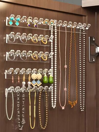 3pcs Transparent Acrylic Wall-Mounted Jewelry Storage Rack For Necklaces, Bracelets, Earrings, And Rings; Multi-Functional Storage Rack For Door-Mounted Wardrobes And Jewelry Display Stands.