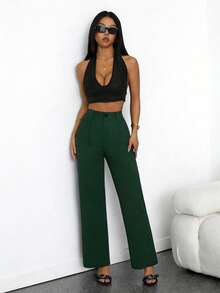 Pantalones rectos casuales con bolsillos y cremallera para mujer de talla pequeña, aptos para uso diario en primavera - Verde Oscuro - Ver 5