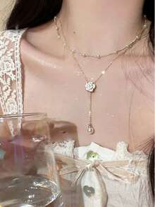 1pc Elegant Camellia Flower Double-Layer Pearl Necklace, Luxury Delicate Tassel Choker Necklace For Women, Summer - Gold - View 7