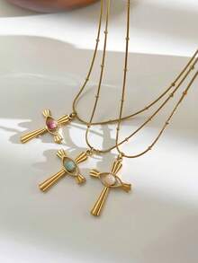 1pc INS Niche Design 18K Gold Plated Stainless Steel Cross & Eye Pendant Necklace With Natural Stone, Personalized Choker Necklace For Women - Cross Necklace - View 4