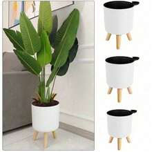 Style nordique Pot de fleurs moderne avec pieds en bois pour chambre, salon, plantes au sol, support de pot de plantation, balcon, bonsaï, décoration de maison et de jardin - Rond - Voir 1