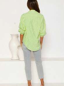 Camicia elegante e casual da donna, a righe verdi, manica lunga, adatta per la primavera/estate e le vacanze - Verde - Visualizzare 2
