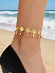 1件夏季海滩度假风镂空圆盘铃铛脚链，女士海滩派对配饰 - 金黃色 - 查看 1