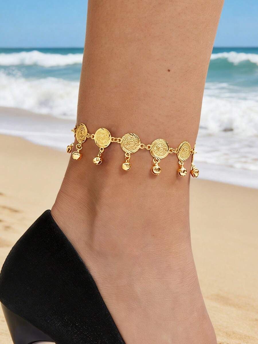 1件夏季海滩度假风镂空圆盘铃铛脚链，女士海滩派对配饰 - 金黃色 - 查看 1