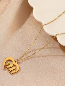 1pc Gold Hollow Heart Family Of Four Necklace, Warm Family Style, Elegant & Women's Jewelry, Suitable For Parent-Child Gift, Daily Wear (OPP Bag Packaging) - Yellow Gold - View 3