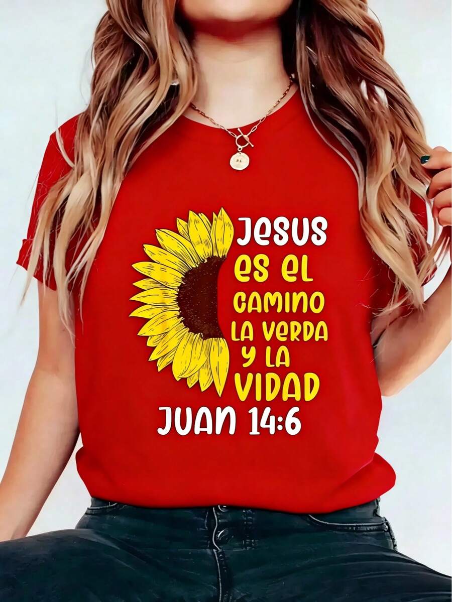 Loose Plus Size Camiseta Cristiana En Espanol Versiculo Spanish Christians Cotton T-Shirt Cotton Graphic Tee For Women, Round Neck Short Sleeve Casual Tops - Đỏ - Xem 1