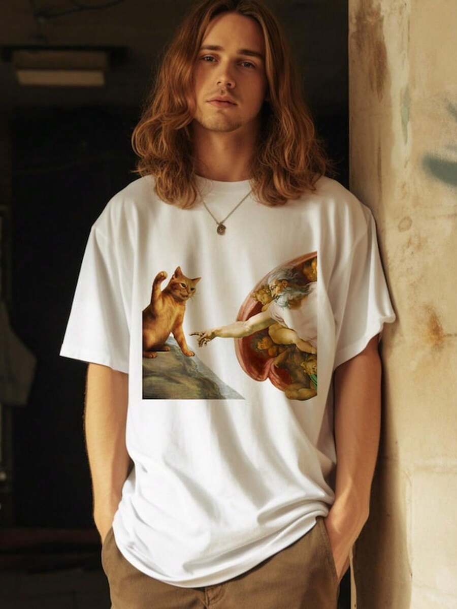 The Creation of C1At T-Shirt, Funny Art Parody T1EE, Renaissance C1At Meme Shirt - Blanco - Ver 1