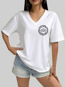 Customized Women's V-Neck Oversized White T-Shirt, Personalized Logo Photo Printed T-Shirt, Work Uniform Dance Team Summer, Casual Everyday - White - View 2