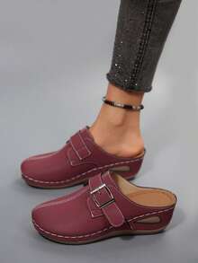 Mocasines casuales para mujer, zapatos de plataforma con cuña y decoración de hebilla de unicolor - Burdeos - Ver 6