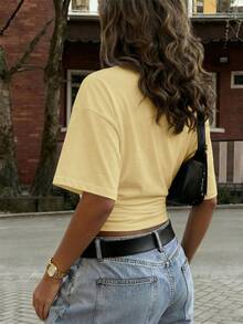 性感休闲Y2K褶皱腰身V领修身衬衫，适合日常、工作、约会、派对等夏季穿着。 - 黃色 - 查看 3