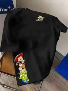 Disney Men's Casual Toy Story Character Fantasy Gathering Printed T-Shirt,Comfortable Polyester Round Neck T-Shirt, Suitable For Daily Street Wear,Essential For Summer - 黑色 - 查看 1