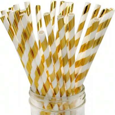 10支金色条纹纸吸管，圣诞婚礼装饰派对饮水吸管，金色条纹吸管