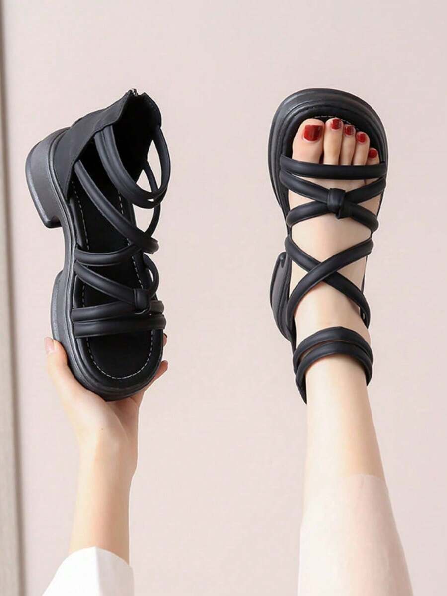 Sandal nữ kiểu La Mã hở mũi, thoáng khí, đế dày, chống thấm nước, mẫu mới năm 2026, thích hợp cho mùa hè, đi làm, đi biển, mặc thường ngày và đi nghỉ mát. - màu đen - Xem 1