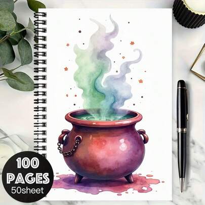 دفتر ملاحظات حلزوني مكون من 100 صفحة مزخرف بنقش قدر سحري، مثالي للعمل والدراسة والاستخدام اليومي. هدية رائعة للتخرج والأعياد وكتابة اليوميات والتخطيط. الغلاف الفريد يضفي جوًا حالمًا على كتابتك.