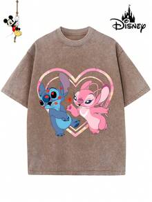Disney-Licensed Men's Cotton T-Shirt For The 2026 Family Holiday. Featuring A Stitch Motif, Washed Crew Neck, Soft And Comfortable Feel, Easy Care And Suitable For Various Occasions Such As Holidays, Everyday Life And Commuting – Full Of Festive Spirit. - 咖啡棕 - 查看 1