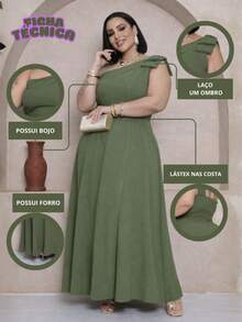 Plus Size One-Shoulder Long Party Dress – Elegant Style And Perfect Fit – Christmas Outfit - Dark Green - View 6