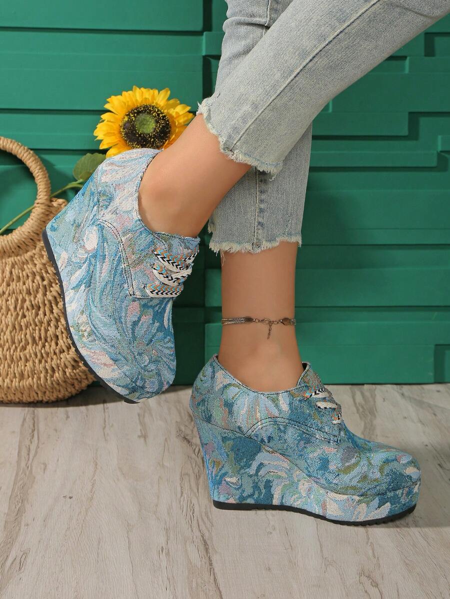 Fashion Platform Lace-Up New Minimalist Spring/Autumn Outdoor Plus Size Women's Wedge Heel Thick Bottom Pumps (Shoes Run Small By 1 Size) - Màu xanh lam - Xem 1
