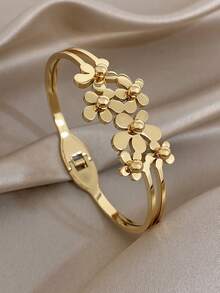 18K Gold Plated Stainless Steel Vintage Elegant Flower Open Bangle Bracelet Set, Women's Bangles, For Women Ladies, Gifts For Mom, For Daily Wear, Weddings, Gala, Suitable For Daily Life, Parties, Dates, Beach, Mother's Day Gift, Valentine's Day Gifts, Spring, Wedding Supplies, Summer Accessories - Multicolor - View 7