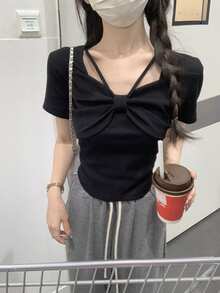 别致方领短袖T恤，蝴蝶结设计，修身显瘦，休闲黑色夏季上衣 - 黑色 - 查看 7