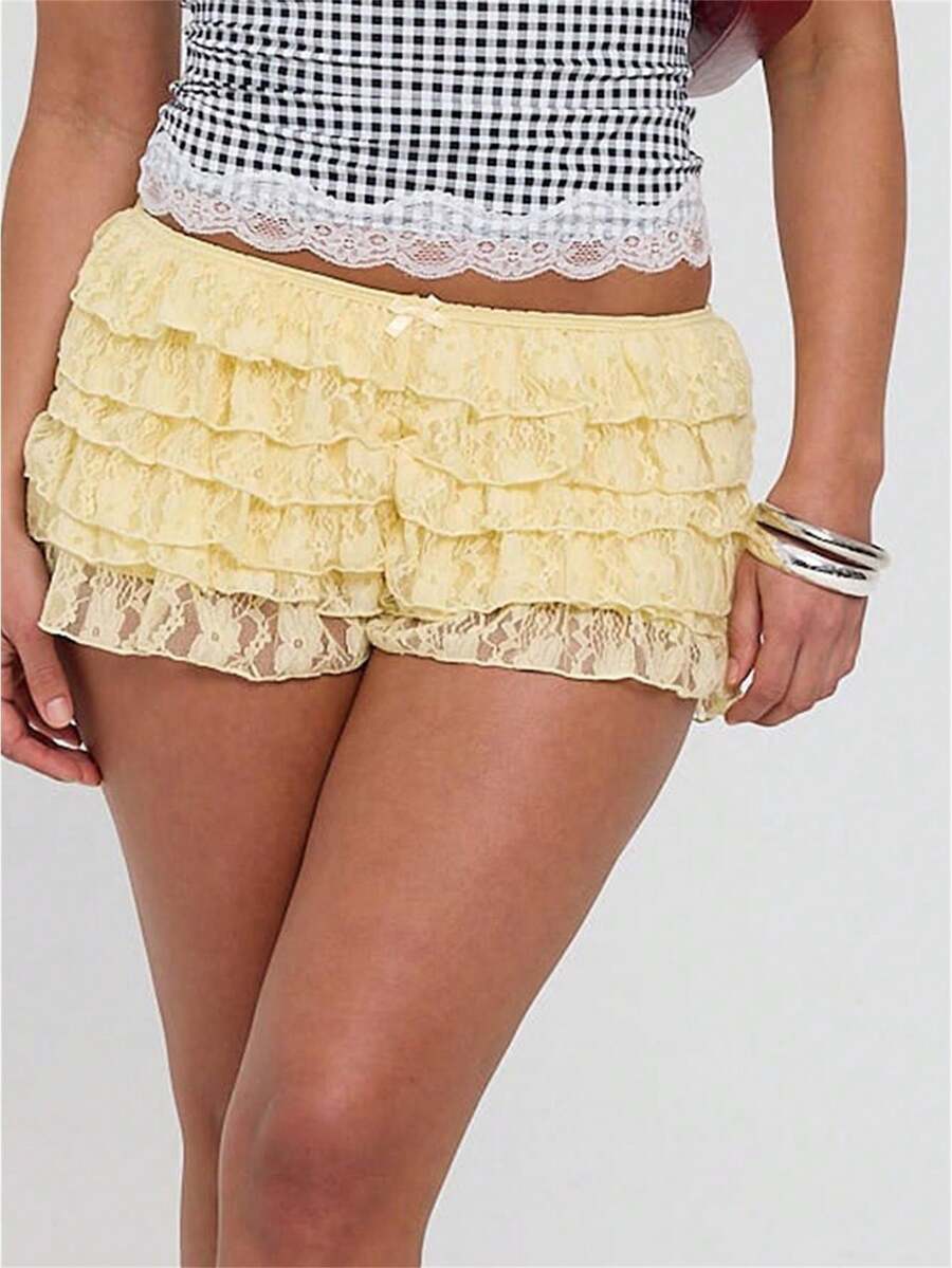 Women Lace Bloomer Shorts Y2K Sexy Low Rise Ruffle Lolita Pettipants Layered Pumpkin Pants Ruched Mini Booty Shorts - 黃色 - 查看 1