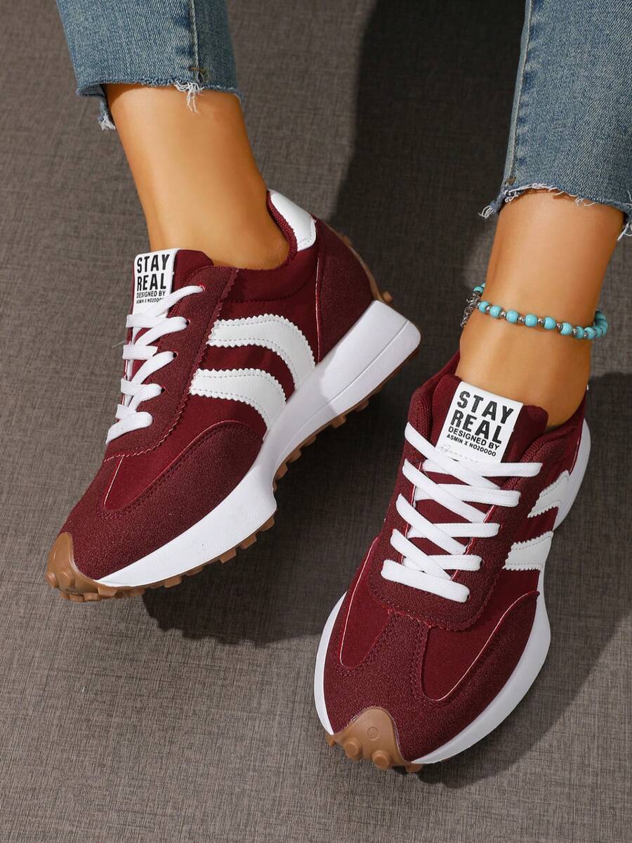 Giày thể thao nữ buộc dây nhẹ, đế cao su thoáng khí, chống trượt, giày sneaker cổ thấp thoải mái phù hợp mọi mùa. - Đỏ - Xem 1
