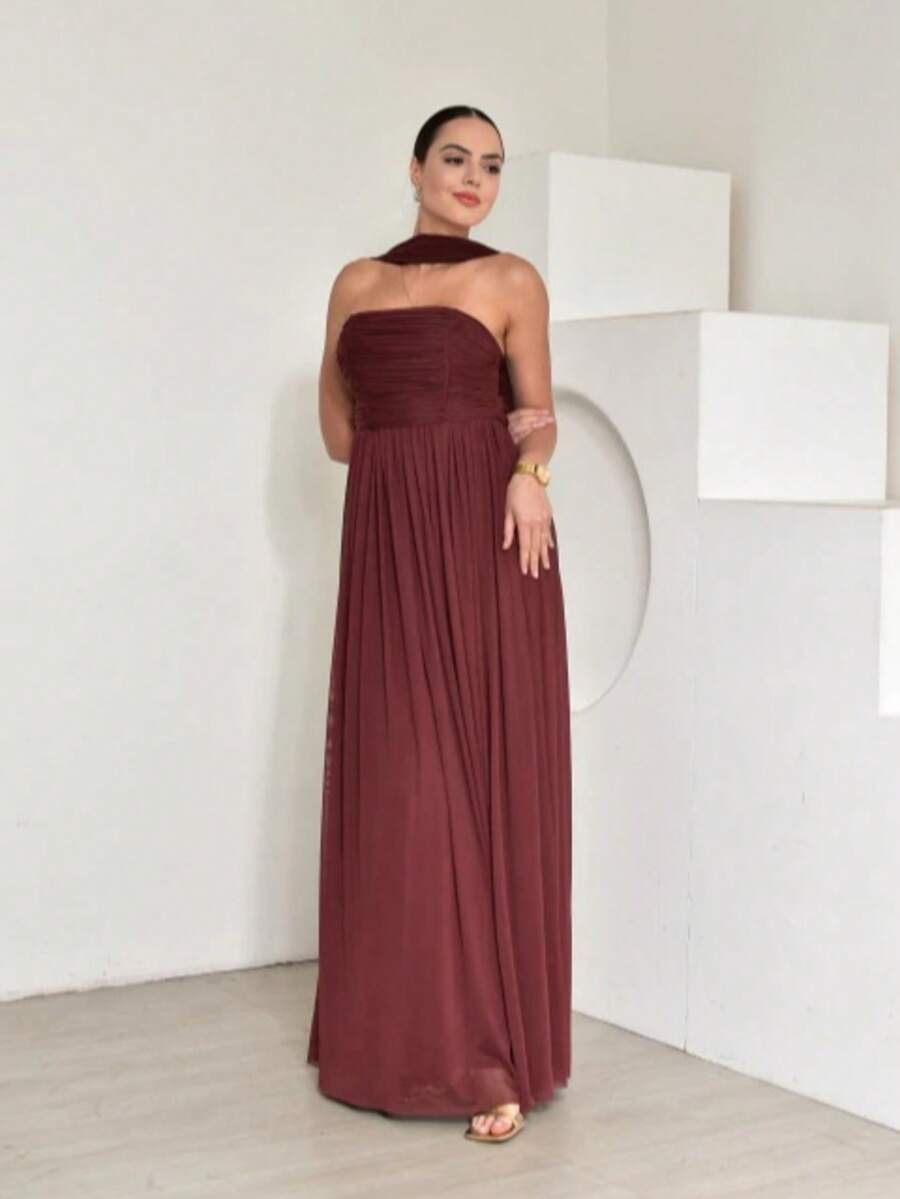 Long Dress With Cape For Wedding, Evening, Or Graduation. - Redwood - View 1