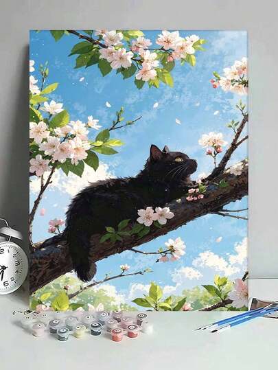 40x50厘米/16x20英寸 黑猫与樱花DIY数字油画画布，手工工艺品，家居装饰，节日礼物