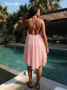 女士粉色露背亮片迷你连衣裙，飘逸宽松度假风连衣裙，适合日常外出、闺蜜聚会、音乐节等场合 - 粉色 - 查看 2