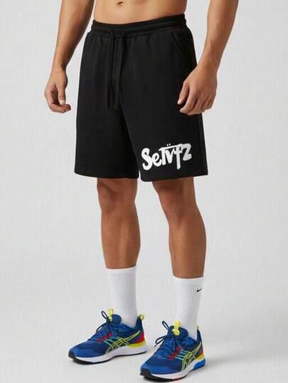 Men's English Print Elastic Waist Shorts, Loose Breathable Thin Casual 5-Inch Running Fitness Shorts, Sports Drawstring 5-Inch Leisure Shorts