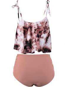 Ladies' Tankini Two-Piece Swimsuit High-Waisted Bikini Set With Tummy Control Bottoms And Ruffle Strap Tank Top - Tie-dye White - View 5