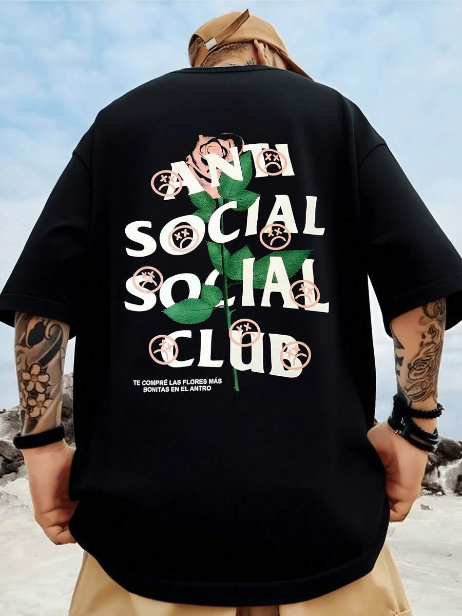 1Pcs Back Print T Shirt Anti Social Club Rose Graphic 100% Cotton T Shirt Men's Streetwear Summer T Shirt - Black - View 1