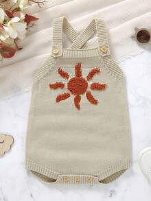 1pc Baby Girl Solid Color Sleeveless Bodysuit, Baby Girls Can Wear White Short Sleeve Underneath, Cute Sun Pattern Knit Bodysuit - Khaki - View 15
