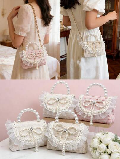 Kawaii Pearl Bow Handbag Tweed Mini Crossbody Bag Gold Chain Princess Style Purse For Women Girls Fashion Accessories