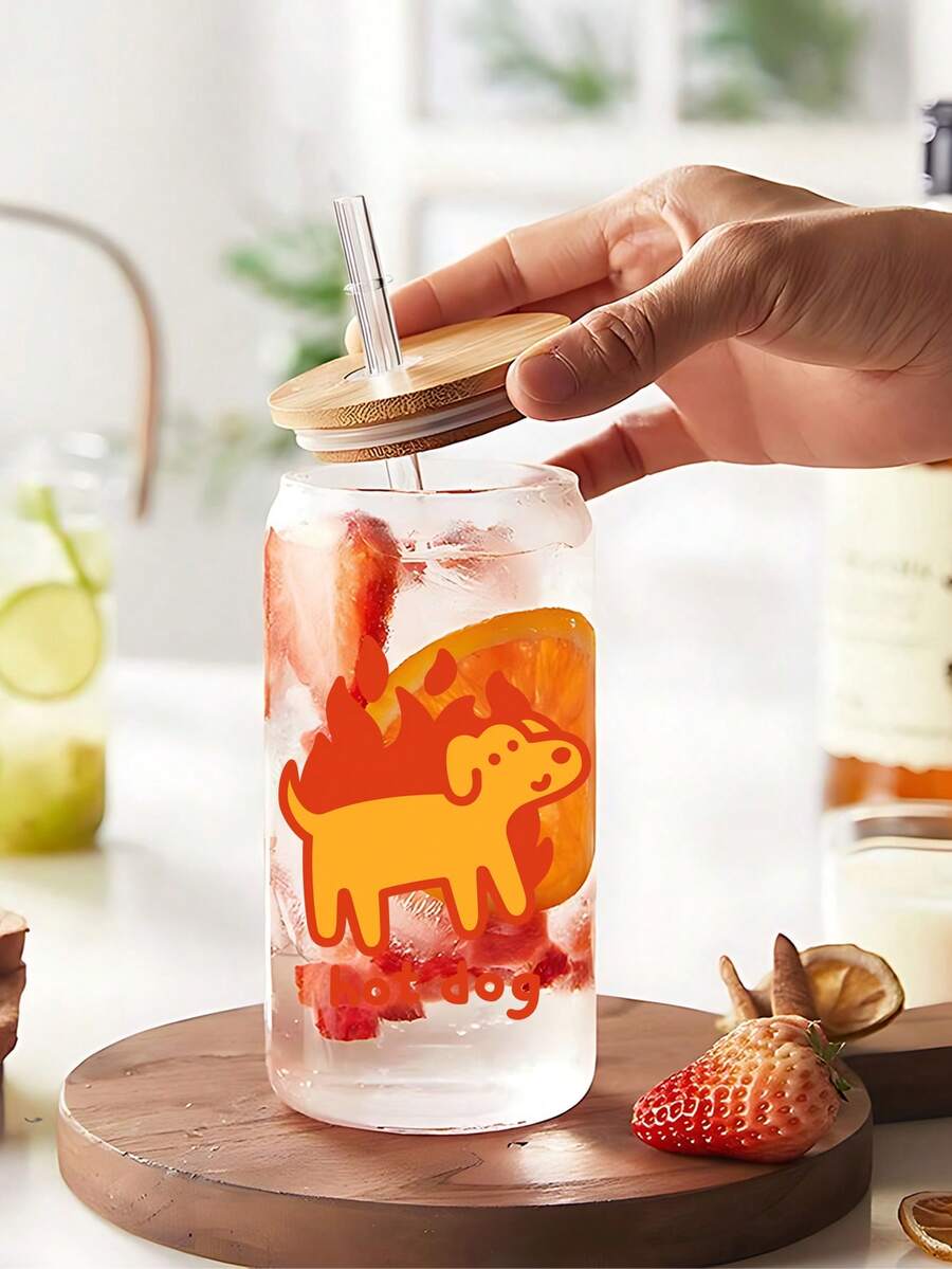 1pc Flame Hot Dog Funny Glass Cup With Straw, Cute Birthday/Holiday/New Year Gift, Suitable For Hot And Cold Drinks - Multicolor - View 1