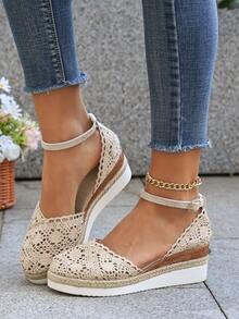 Sandal Wedges Linen Musim Panas Terbaru untuk Wanita, Sandal Roman Anyaman Berongga dengan Sol Tebal dan Tali yang Dapat Diatur - Krem - View 5