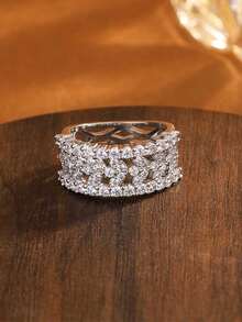 精致镂空花朵几何立方氧化锆戒指，独特设计，女士珠宝礼物 - 白色 - 查看 5