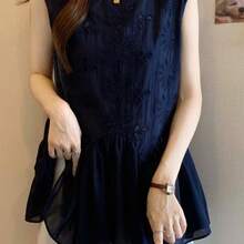 Women Blouses & Shirts - Navy Blue With Lace Hem and Ruffled Trim - View 1