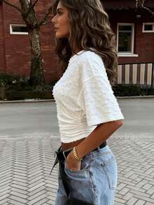 Áo thun dệt kim trơn màu, thanh lịch, thời trang mới, đa năng, kiểu dáng casual, có bèo nhún ở eo, chất liệu dệt kim, kiểu bèo nhún eo, phong cách sinh viên, đi nghỉ mát, thường ngày, màu trắng, mùa xuân/hè. - trắng - Xem 5