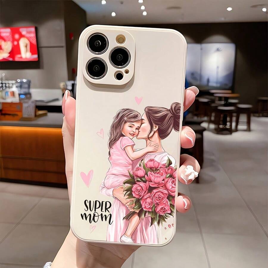 Handpainted Cute Mother & Daughter Phone Case, Suitable As Birthday Or Christmas Gift For Couples, Girlfriends, Daughters, Teenagers - الأبيض العتيق - مشاهدة 1