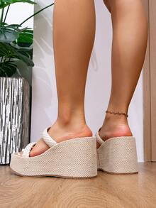 女士透气露趾运动凉鞋，防滑鞋底 - 休闲独特四季沙滩鞋，适合度假、办公和休闲穿着，多功能坡跟凉鞋 | 中性色鞋款 | 防水厚底高跟鞋 - 杏色 - 查看 6