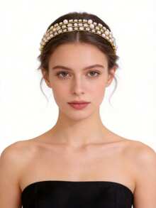 优雅珍珠水钻发箍 时尚多层新娘发带 婚礼发饰 - 彩色 - 查看 1