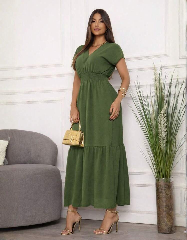 Vestido Longo com Babado Elegante Gola V Evangélico com Lastéx - Verde Escuro - Visão 1