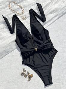 女士黑色深V领挂脖连体泳衣，金属扣扭腰设计，高开衩腿部，性感修身沙滩度假拍照泳装，夏季休闲 - 黑色 - 查看 2