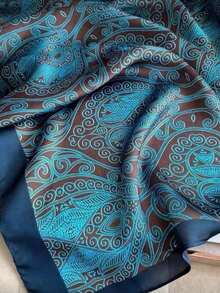 1pc Women's Turkish Blue Printed Faux Silk Scarf, Can Be Used As Headwear, Neck Warmer, Or Dress Accessory - Turquoise Blue - View 3