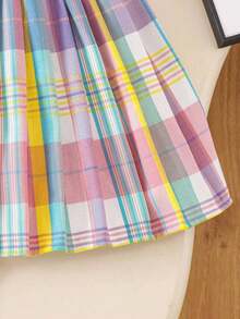 2 pièces/Ensemble Top sans manches à col montant et jupe plissée à carreaux multicolores doux pour filles en été, convient pour les vacances, les voyages, les photos de sœurs, les pique-niques en plein air, les événements à thème, les sorties décontractées - Multicolore - Voir 5