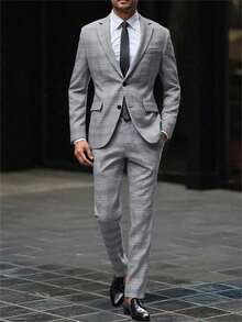男士两件套西装，格子西装外套和西裤，适合休闲、商务、通勤、婚礼、派对、宴会等场合。 - 灰色 - 查看 2