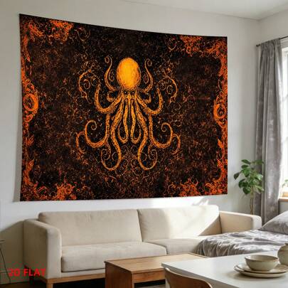 1 件大型挂毯，以抽象的橙色章鱼图案为特色，深色背景，做旧风格，采用涤纶材质。非常适合装饰卧室、客厅、冥想空间和办公室墙壁。也适用于房间装饰、旗帜、挂毯、墙饰、壁画和教室装饰。
